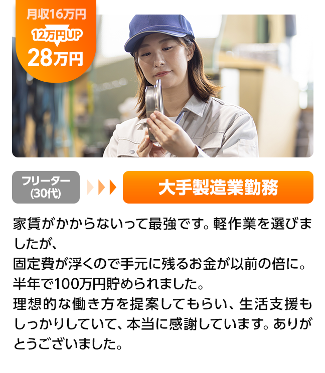 年収12万アップ！フリータ－30代から大手製造業勤務